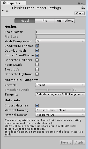 The Inspector window displaying the Import Settings for an .fbx file containing 3D models