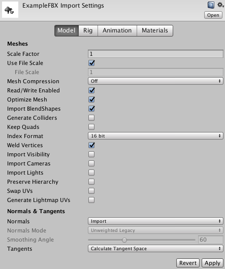 The Inspector window displaying the import settings for an .fbx file containing 3D Models