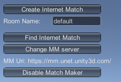 El administrador de red integrado de Unity, HUD, se muestra en el modo MatchMaker..