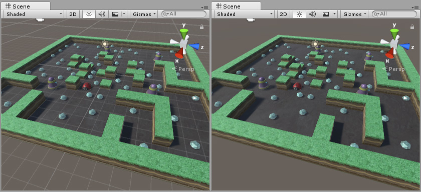 Left: Scene view grid is enabled. Right: Scene view grid is disabled.