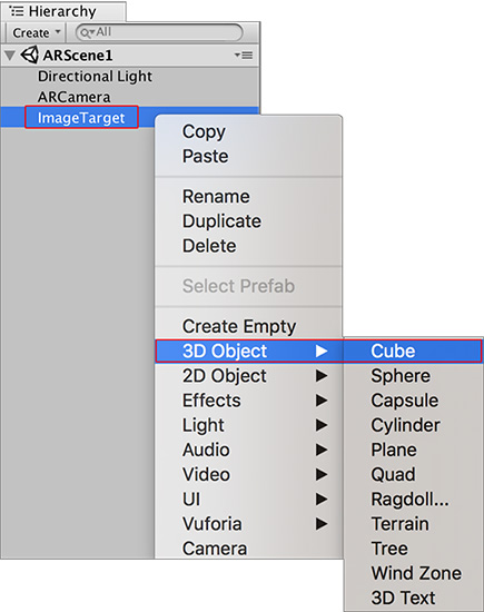 Adding a Cube Primitive as a child to the Image Target GameObject