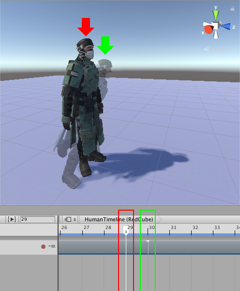 Después de compensar los desplazamientos, el humanoide al final del primer clip de animación (frame 29, flecha roja) coincide con la posición y la rotación del humanoide al comienzo del segundo clip de animación (frame 30, fantasma con flecha verde)
