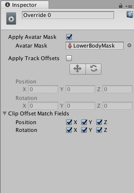 An Avatar Mask, that masks the upper-body animation, is specified for the Animation Overview clip in the Inspector window.
