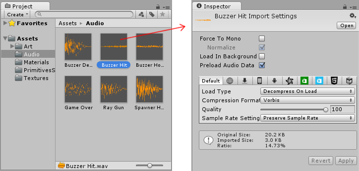 An Audio Asset selected in the Project Window shows the Audio import settings for that Asset in the Inspector