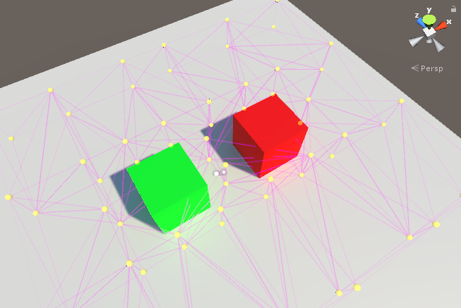 Una escena extremadamente simple que muestra light probes colocados alrededor de dos cubos
