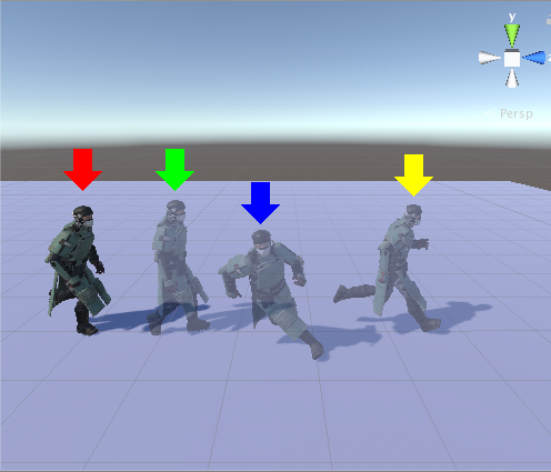 Cada clip de animación comienza en la posición y rotación del humanoide al inicio de la instancia de la línea de tiempo (flecha roja). Los tres clips de animación, Stand2Run, RunLeft y Run2Stand, todos comienzan en la flecha roja pero terminan en las flechas verde, azul y amarilla, respectivamente.