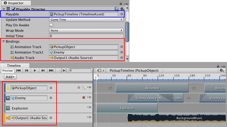 The Playable Director component shows the Timeline Asset (blue) with its bound GameObjects (red). The Timeline Editor window shows the same bindings (red) in the Track list.