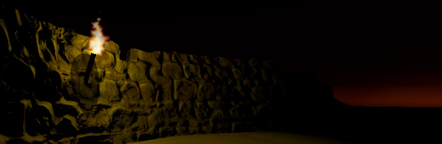 The same bumpmapped stone wall, in a different lighting scenario. A point light torch illuminates the stones. Each pixel of the stone wall is lit according to how the light hits the angle of the base model (the polygon), adjusted by the vectors in the normal maps. Therefore pixels facing the light are bright, and pixels facing away from the light are darker, or in shadow.