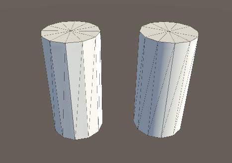 Dos cilindros de 12-lados, a la izquierda con flat shading (sombreado plano), y a la derecha con smoothed shading (sombreado suavizado)