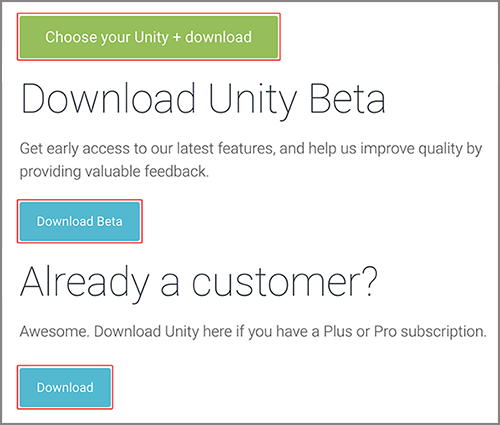 Unity Download page options