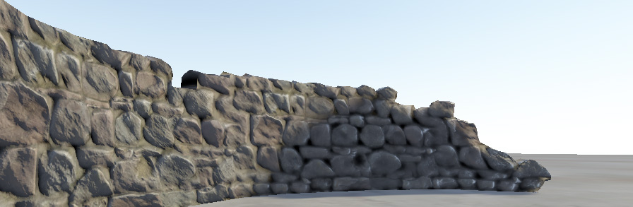 La misma pared de piedra con el bumpmapping aplicado. Los bordes de las piedras que encaran el sol reflejan la luz directional del sol de manera diferente a las caras de las piedras, y los bordes que miran lo opuesto.
