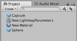 Un Lightmap Parameters Asset llamado New LightmapParameters, que se muestra en la ventana del proyecto