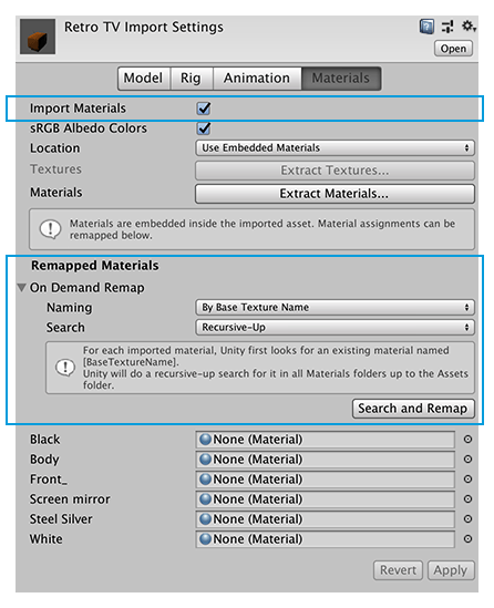Enable Import Materials on the Material tab of the Import Settings window