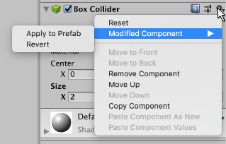 Context menu for modified component