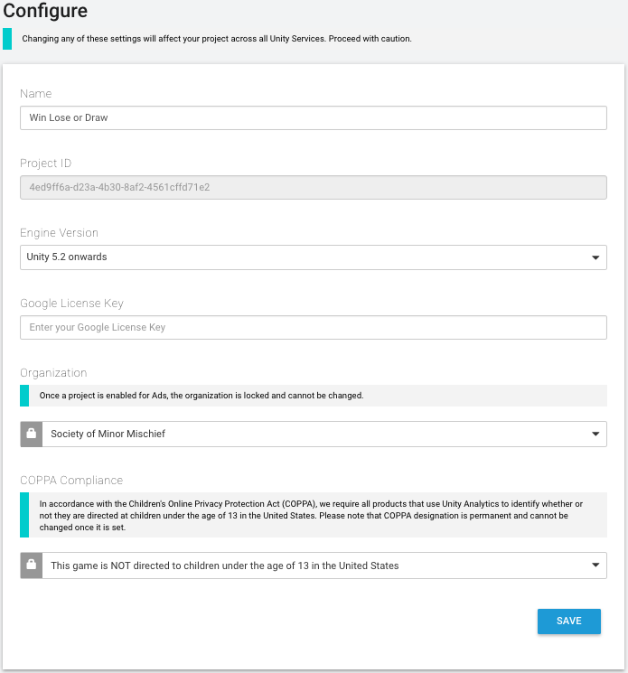 Sección Project Service Settings de la página Analytics Configure 