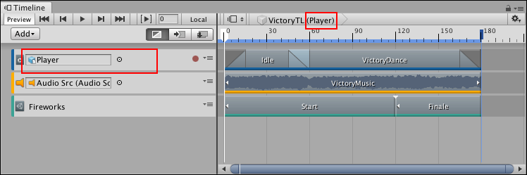 The Player GameObject (red) is attached to the VictoryTL Timeline Asset