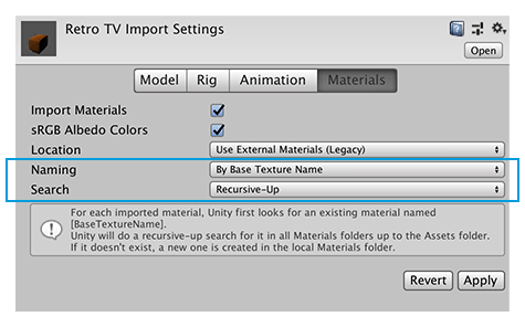 Import settings for Use External Materials (Legacy)