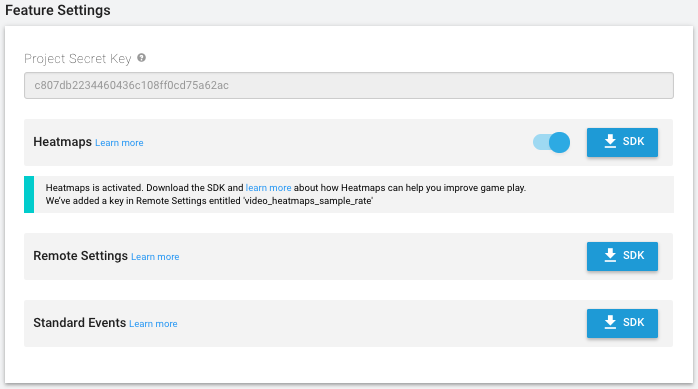 Sección Feature Settings de la página Analytics Configure 