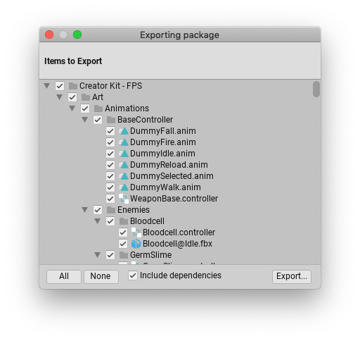 Exporting Package dialog box