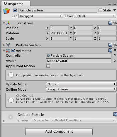 Para animar un Particle System, agregue un componente Animator y asigne un Animation Controller con una Animation.