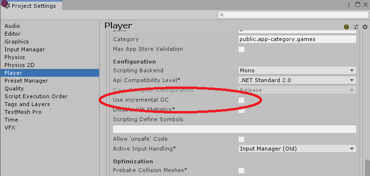 Player Settings to enable incremental garbage collection
