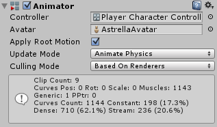 El componente Animator con un controller y un avatar asignado.