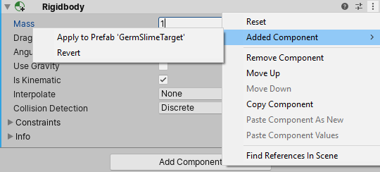 Context menu for added component