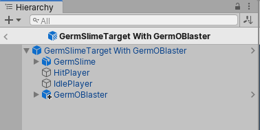 The Prefab Variant GermSlimeTarget With GermOBlaster in Prefab Mode. The GermOBlaster Prefab is added as an override to the base Prefab
