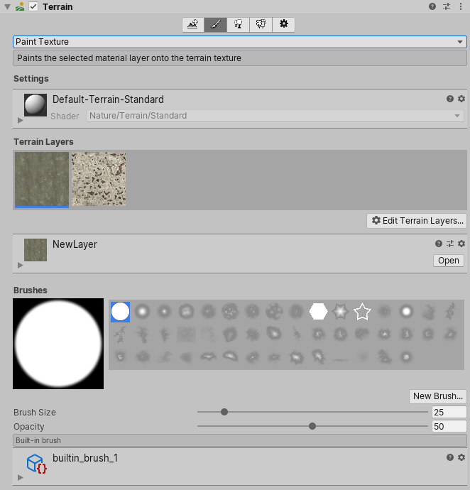 Paint Texture tool in the Terrain Inspector