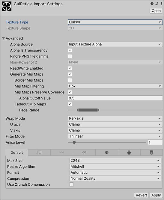 Settings for the Cursor Texture Type