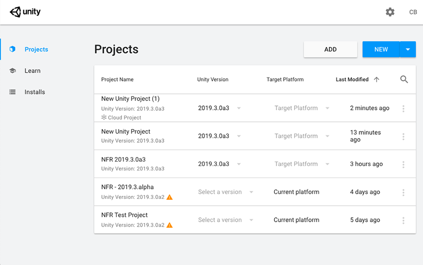 The Projects tab