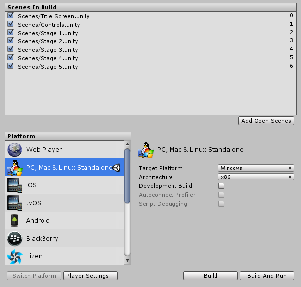 La ventana de los Build Settings con PC, Mac & Linux seleccionado como las plataformas destinos