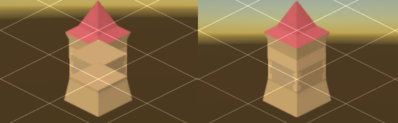 Left: With (0,1,0), Tiles rendered in incorrect order. Right: With (0,1,-0.26), Tiles appear correctly stacked on each other.