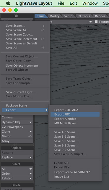 Accessing FBX Export options in LightWave Layout
