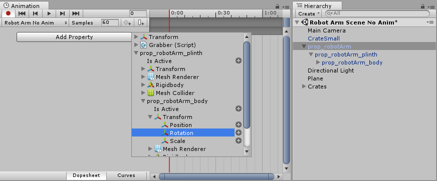 Add Curve ボタンを押したときリストとして子のゲームオブジェクトのプロパティーも表示されます。子のゲームオブジェクトは Animation View 上で展開することができます。