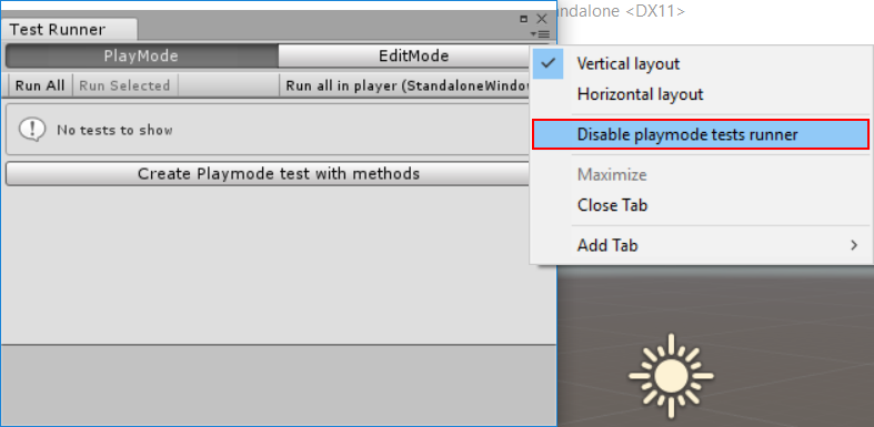 The Test Runner window with the context button drop-down menu open and the Disable playmode tests runner option selected