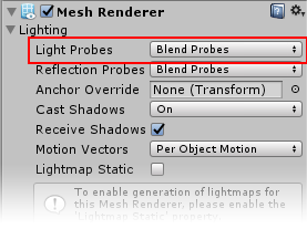 Mesh Renderer コンポーネントの Light Probes 設定