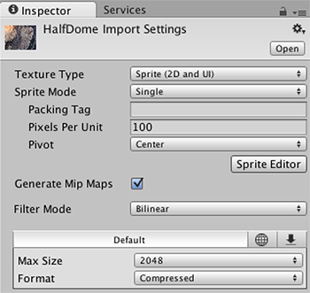 図 1 アセットインスペクターで、Texture Type を Sprite (2D and UI) に設定。