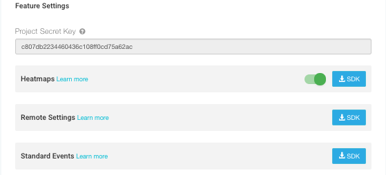 Analytics 設定ページの Feature Settings セクション