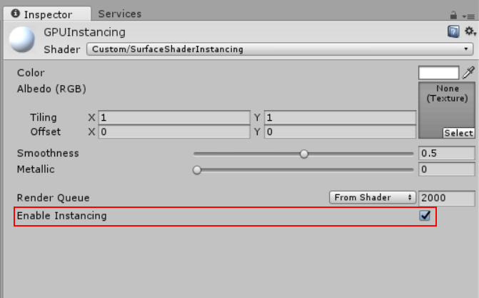 Material Inspector ウィンドウの Enable Instancing チェックボックス