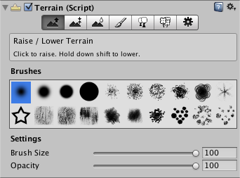 インスペクター上に表示される Terrain 編集ツール