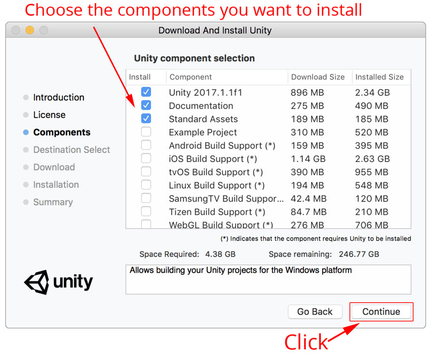 Unity Download Assistant - 必要なコンポーネントが不確かな場合は、デフォルトのままにしておくとよい