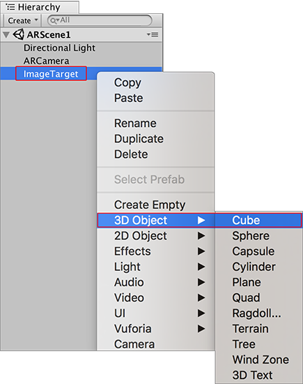 Adding a Cube Primitive as a child to the Image Target GameObject