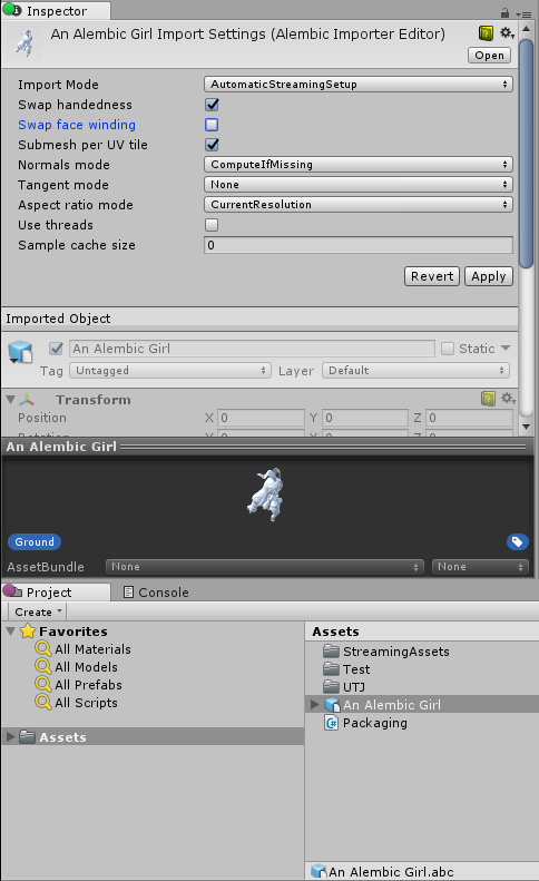 ScriptedImporter によってインポートされたアセット (An Alembic Girl) の Inspector ウィンドウ