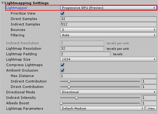 Lightmapping Settings の Lightmapper プロパティで Progressive GPU (Preview) を選択