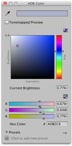 HDR カラーピッカー（スタンダードシェーダーの Emission Color プロパティをクリックしたり、スクリプトで Color の ColorUsageAttribute を使用した場合に表示されます)