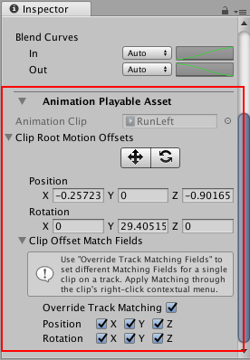 アニメーションクリップを選択します。アニメーションクリップのプレイアブルアセットププロパティーを表示するには、Inspector ウィンドウの Animation Playable Asset (より詳細なプロパティー) を広げ、Clip Root Motion Offsets を開きます。