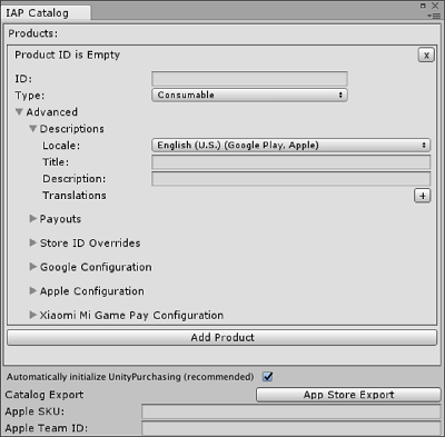 Unity エディターの IAP Catalog ウィンドウ