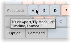 The A key is assigned to the 3D Viewport’s Fly Mode Left command and the Timeline’s FrameAll command