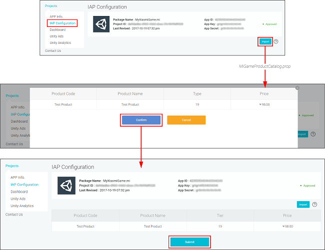 IAP Product カタログを Xiaomi Developer Portal にインポート